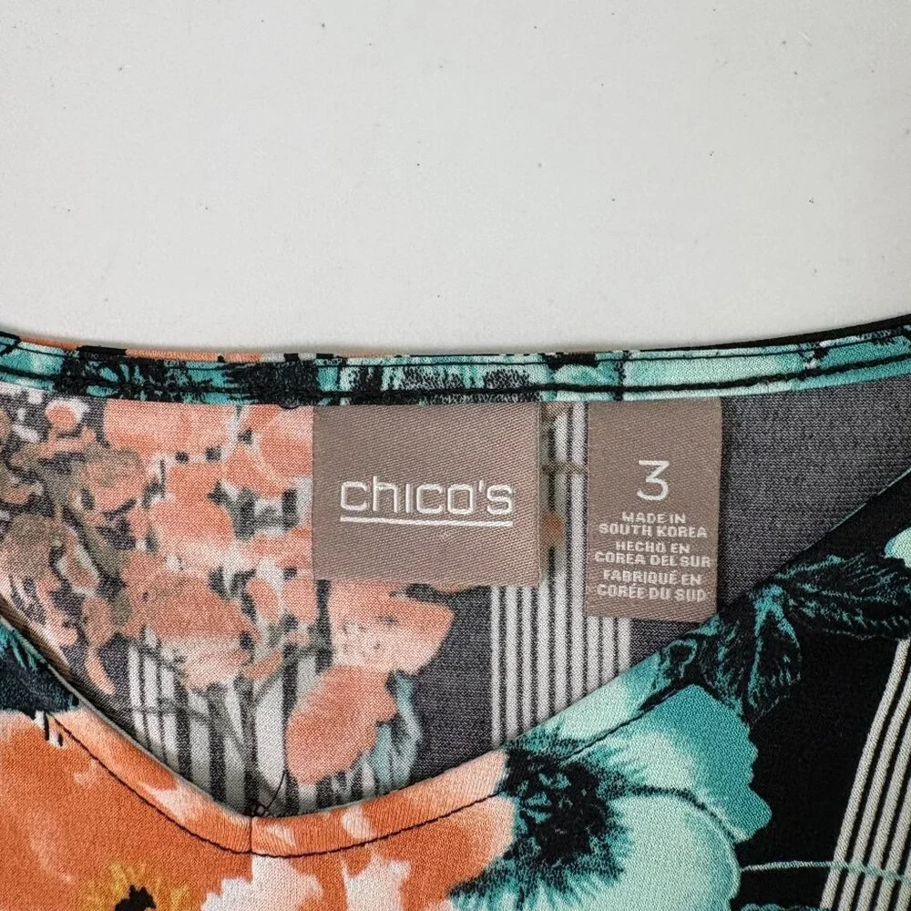 Chicos Top Womens 3 US XL Orange Blue Floral Striped 3/4 Sleeve V Neck Blouse